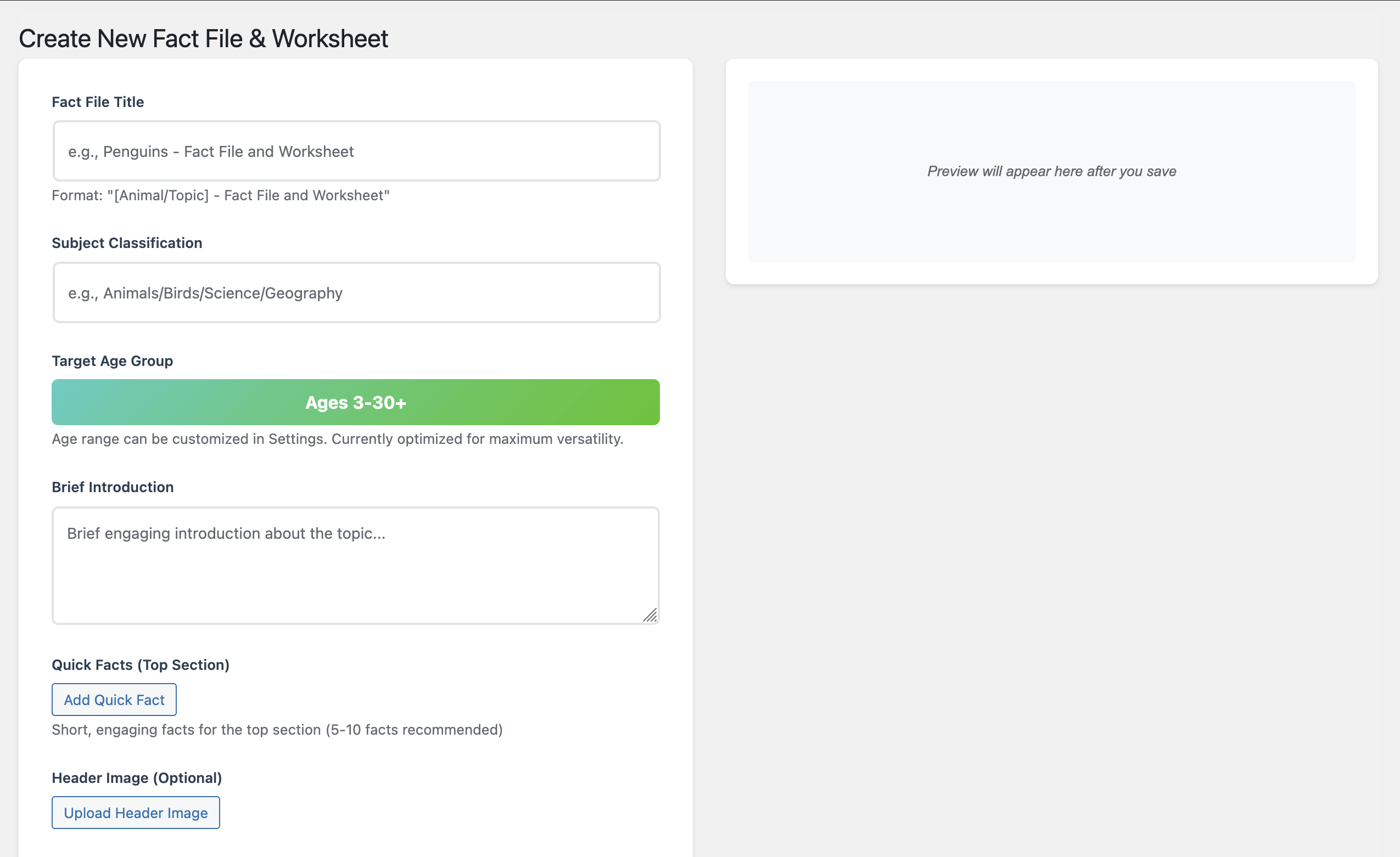 The user interface of the WhaWho Fact File & Worksheet generator for creating a new educational resource in WordPress.