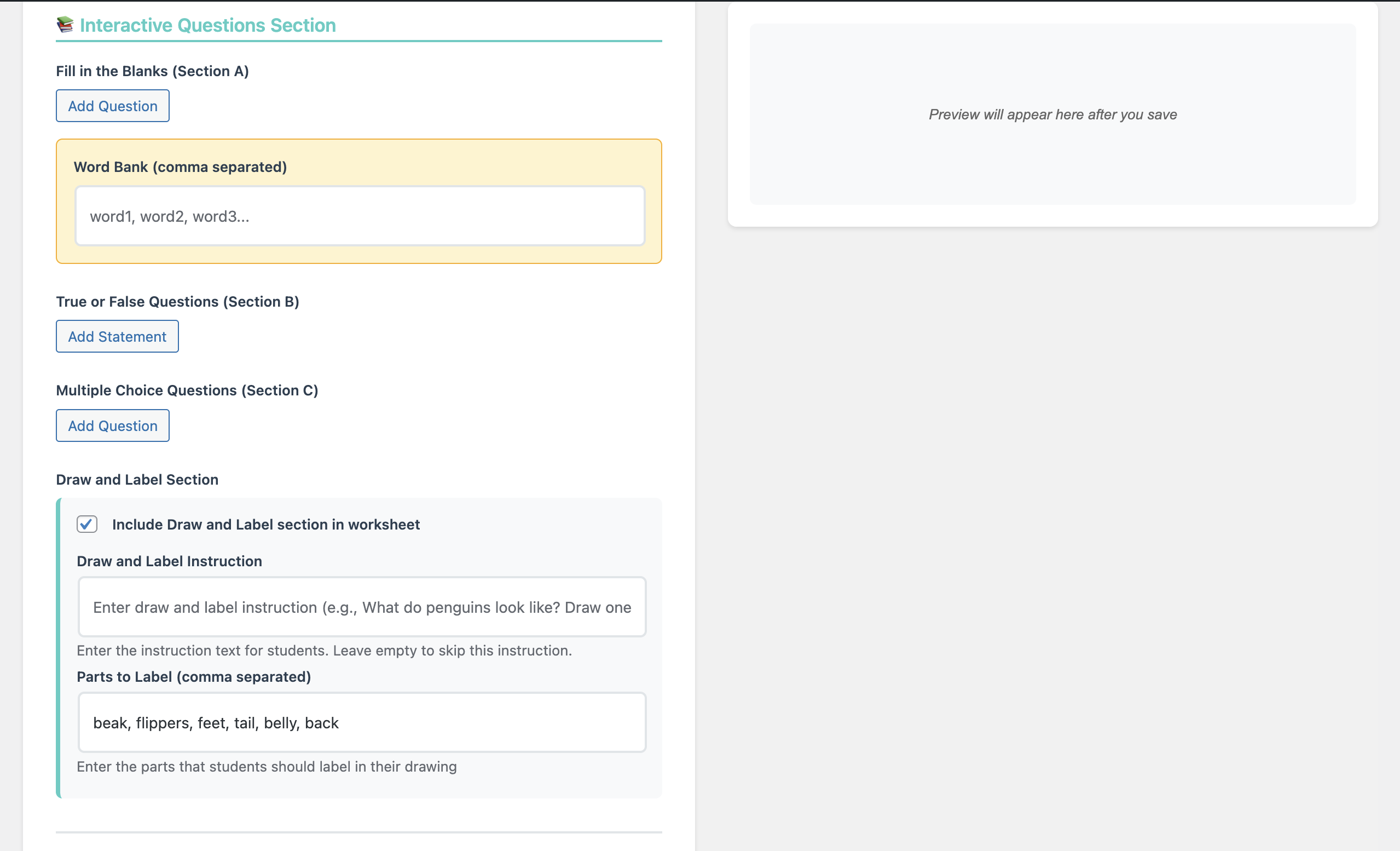 Overview of the interactive question types available in the WhaWho worksheet generator, including puzzles and a drawing section.