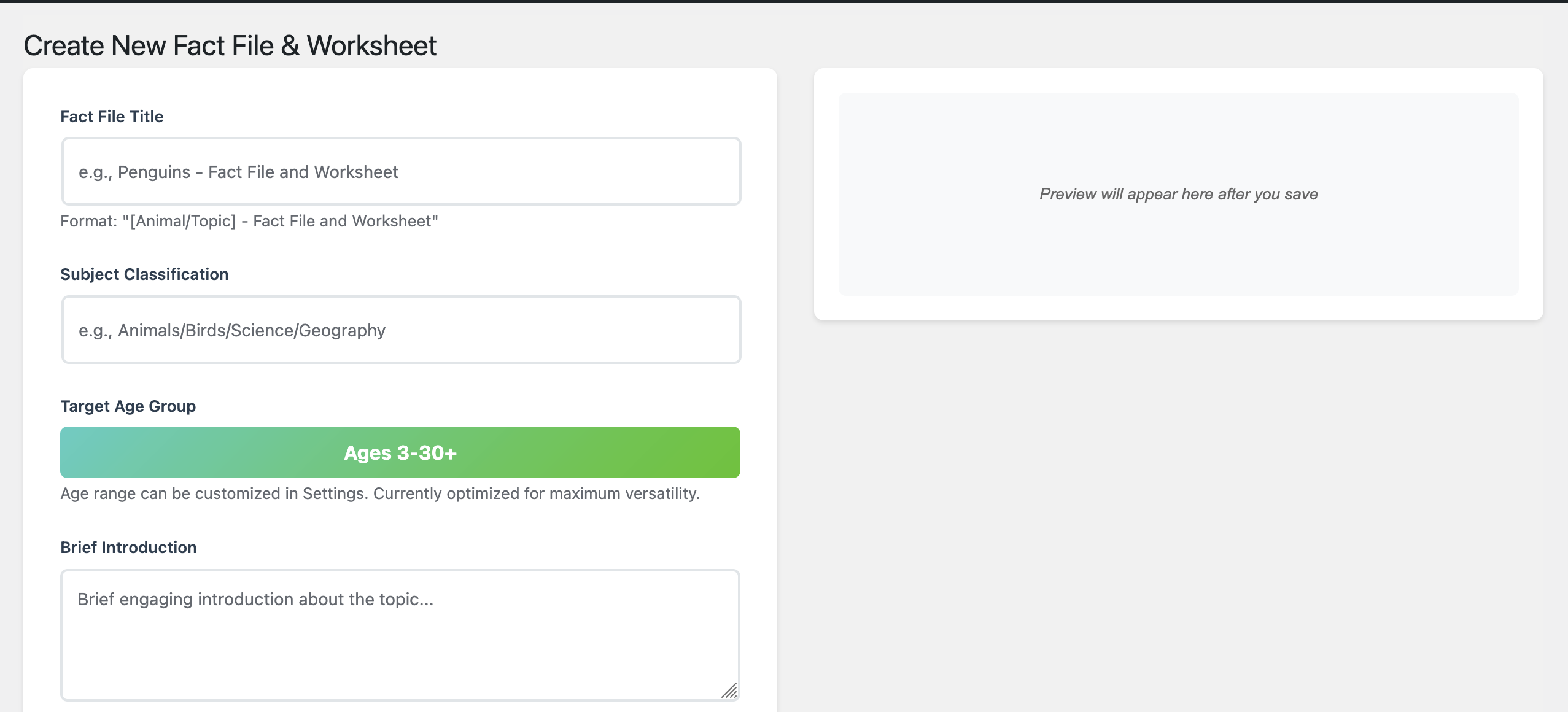 The main interface for creating a new fact file in the WhaWho worksheet plugin, showing title, subject, and introduction fields.