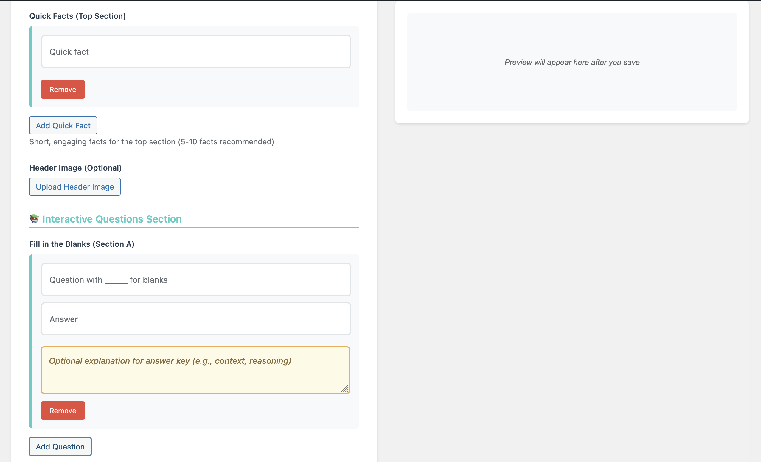 Adding content like 'Quick Facts,' a header image, and 'Fill in the Blanks' questions to a worksheet using the WhaWho plugin.