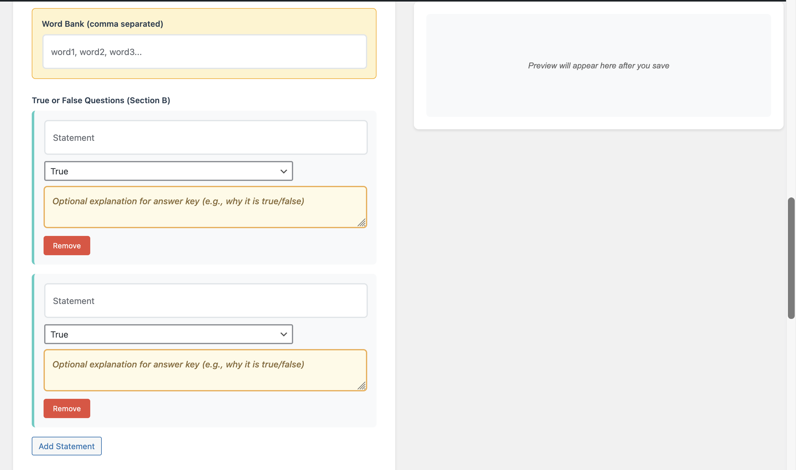 Adding 'True or False' questions in the WhaWho worksheet builder, featuring a field for optional answer key explanations.