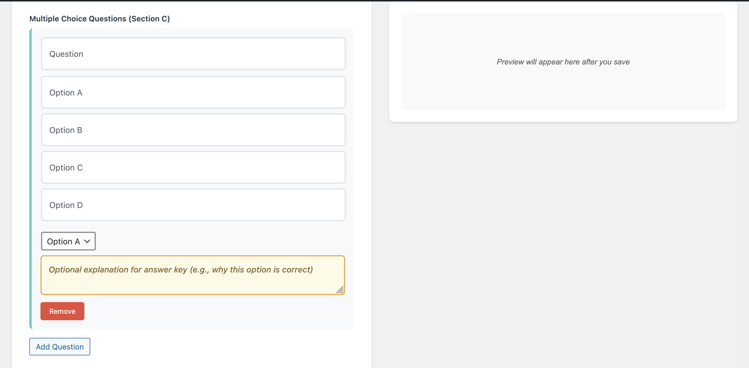 Creating a multiple-choice question in the WhaWho fact file plugin, including four options and a field for answer explanations.