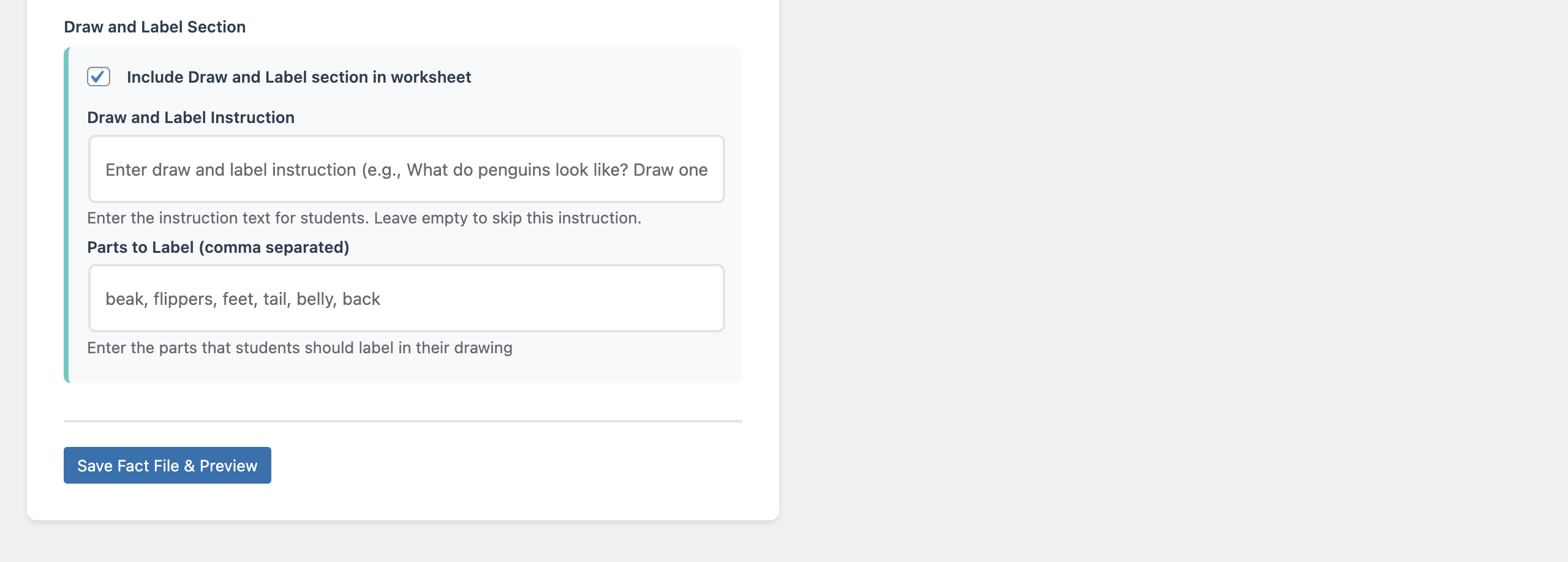 Creating a 'Draw and Label' activity within the WhaWho fact file generator, with fields for instructions and parts to label.